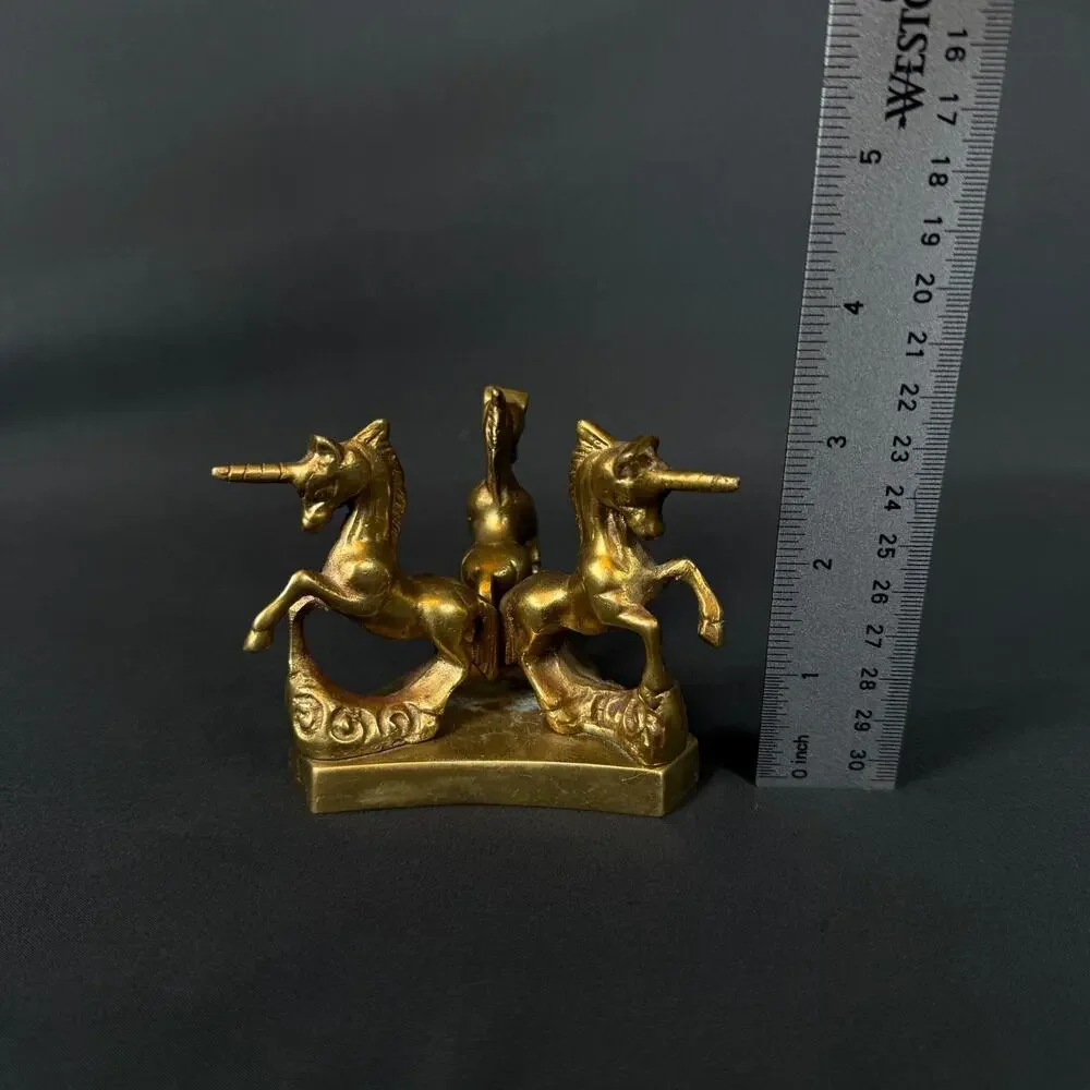 Vintage Brass Triple Unicorn Figurine Statue Horse Mythology Decor